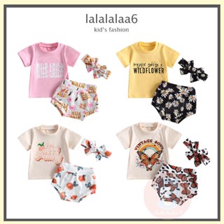 Laa6-0-24 MONTHS เสื้อยืดคอกลม แขนสั้น พิมพ์ลายตัวอักษร กางเกงขาสั้น ที่คาดผม สําหรับเด็กผู้หญิง