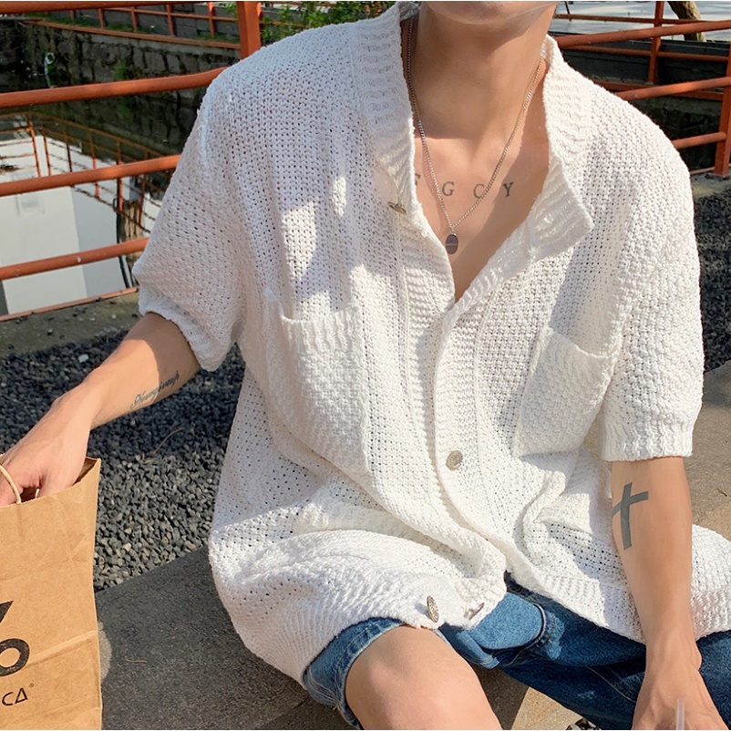 เสื้อครึ่งแขนผู้ชายย้อนยุคที่เรียบง่ายฤดูร้อนบางออกแบบซอกเสื้อ ไม่จํากัดเพศ