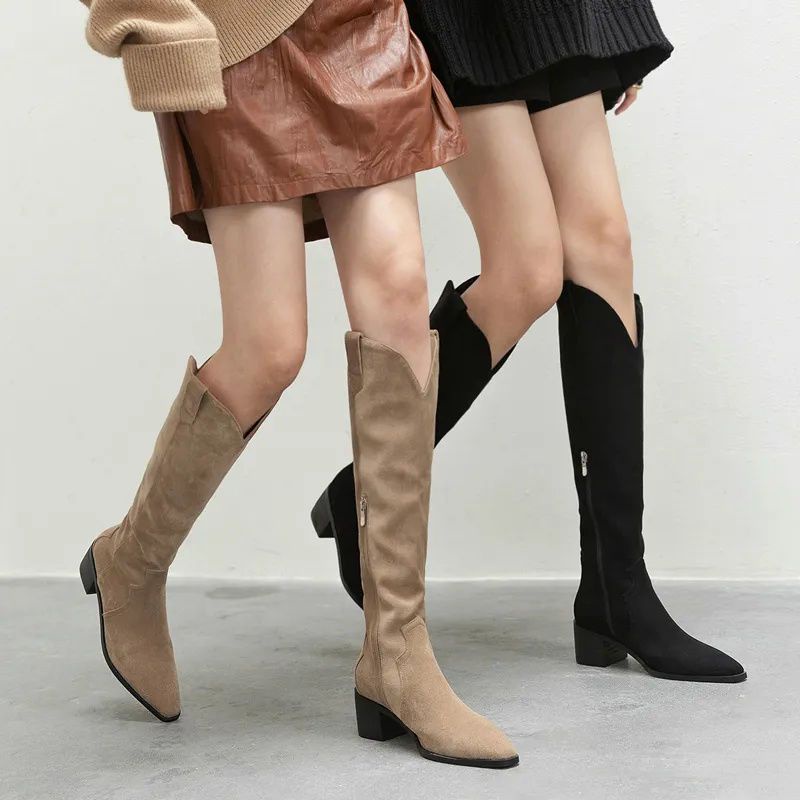 แฟชั่นย้อนยุค รองเท้าอัศวิน Size 35-40 รองเท้าบู๊ตคาวบอย ซิปข้าง ดีไซน์อินเทรนด์ ส้นสูง5cm