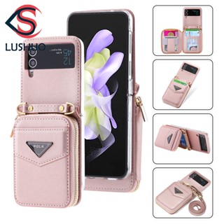 Lushuo เคสโทรศัพท์หนัง ฝาพับ พร้อมช่องใส่บัตร และสายคล้อง สําหรับ Samsung Galaxy Z Flip 3 5G and Z Flip 4 Z Flip3 ZFlip3 ZFlip 3 Z Flip4 ZFlip 4