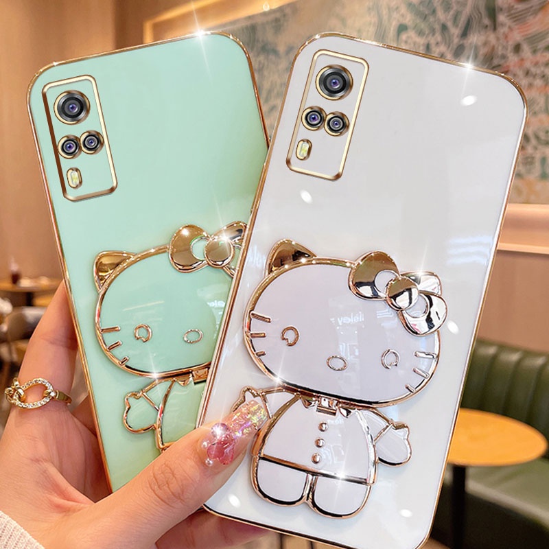 เคส Vivo Y51 2020 Y31 2021 Y51A Y53S 4G V2036 โทรศัพท์มือถือ แบบนิ่ม ลายแมวคิตตี้ มีกระจกแต่งหน้า ชุบไฟฟ้า อเนกประสงค์ สําหรั
