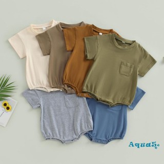 Aqq- ชุดรอมเปอร์ บอดี้สูท คอกลม แขนสั้น สีพื้น มีกระเป๋าหน้าอก ฤดูร้อน สําหรับเด็กผู้ชาย เด็กผู้หญิง