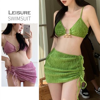 ชุดว่ายน้ําบิกินี่ ผ้ากํามะหยี่ สามชิ้น สีเขียว เซ็กซี่ สําหรับวันหยุด