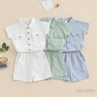 Babygarden-6 เดือน-4 ปี ชุดเสื้อผ้าเด็กผู้ชาย ฤดูร้อน, เสื้อเชิ้ตคอปก แขนสั้น สีพื้น + กางเกงขาสั้น เอวยางยืด