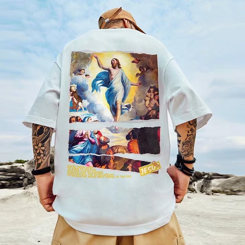 【M-8XL】เสื้อยืดคอกลม แขนสั้น ผ้าฝ้าย พิมพ์ลายภาพวาดสีน้ํามัน รูปพระเยซู พลัสไซซ์ สําหรับผู้ชาย