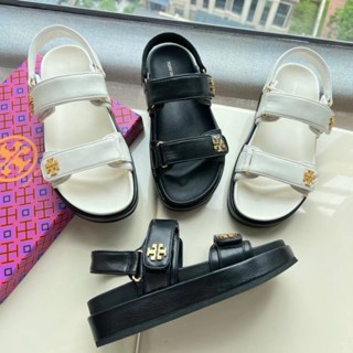  Tory Burch Kira Series รองเท้าแตะ หนังแกะนิ่ม หัวเข็มขัดแบน สองสี