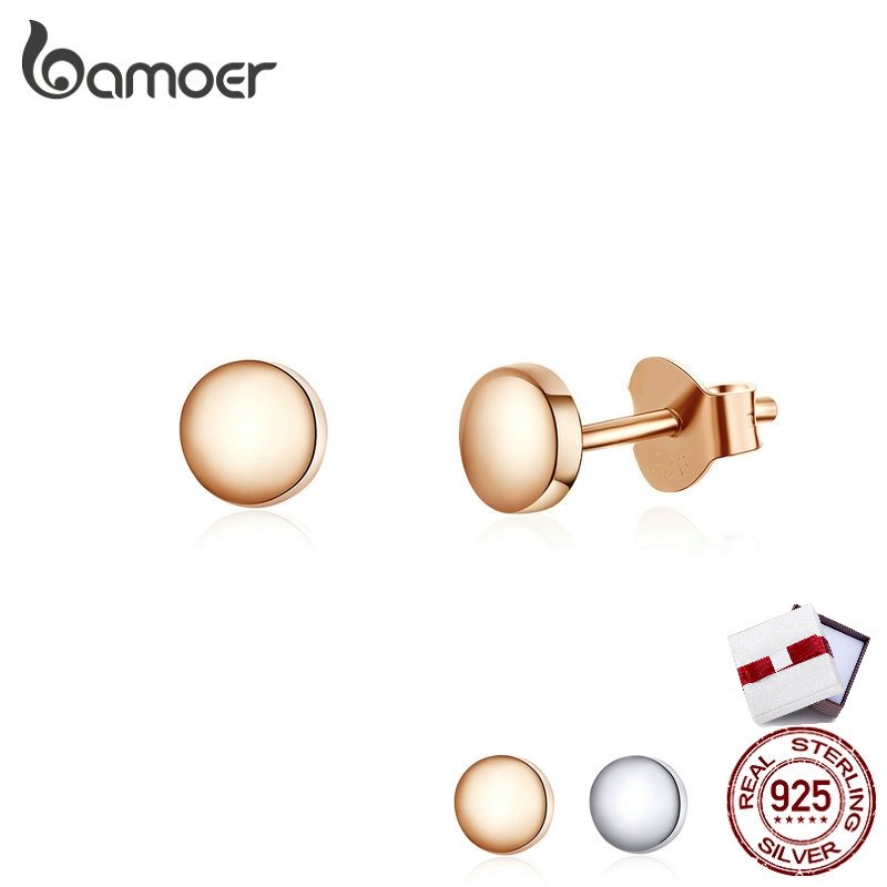 Bamoer ต่างหูสตั๊ด เงินแท้ 925 100% 2 สี เรียบง่าย คุณภาพสูง สีขาว ทอง สําหรับผู้หญิง