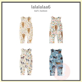 LAA6-Baby Girls Sleeveless Crew Neck Cow/Horse Print Summer Jumpsuit