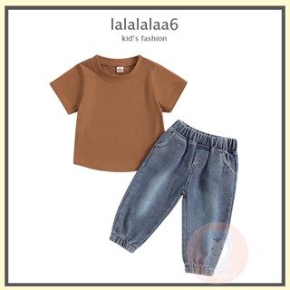 Laa6- เสื้อแขนสั้น สีพื้น และกางเกงยีน สีฟ้า แฟชั่นฤดูร้อน สําหรับเด็กผู้ชาย