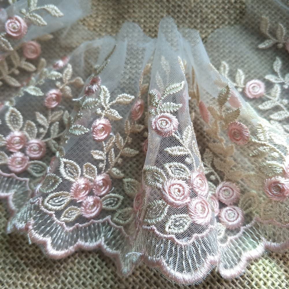 ขอบลูกไม้ กว้าง 10 ซม. สีชมพูเบจ 1 หลา สําหรับเย็บผ้า งานฝีมือ DIY