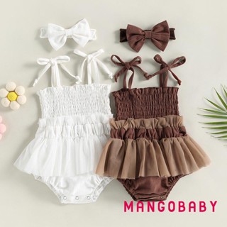 MGG-Baby Girl 2Pcs Summer Outfits, Sleeveless Solid Color Strap Romper Dress with Headband Set