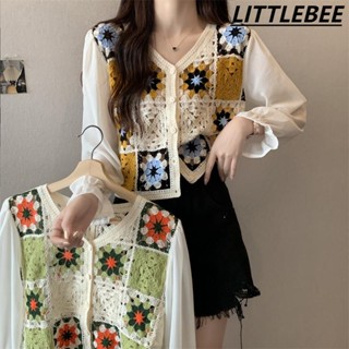 LITTLEBEE #19108 เสื้อคาร์ดิแกนคอวีแขนยาวผ้าถักโครเชต์แบบกลวงท็อปส์สําหรับผู้หญิง