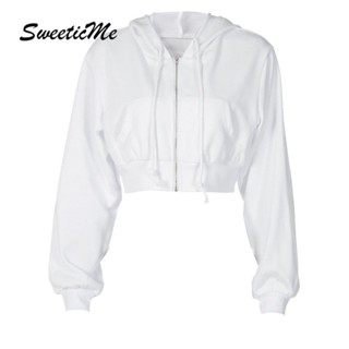 Sweeticme ใหม่ เสื้อกันหนาวแขนยาวลําลอง มีฮู้ด มีซิป สีพื้น แฟชั่นสําหรับสตรี 2022