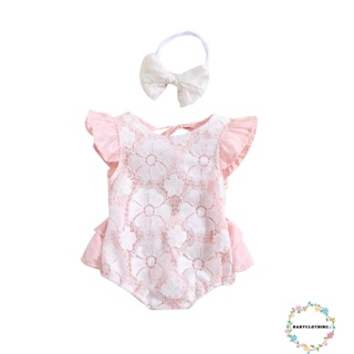 Babyclothes- ชุดรอมเปอร์ แขนบิน เปิดหลัง ลายดอกไม้ ลูกไม้ เย็บปะติดปะต่อกัน พร้อมโบว์ ที่คาดผม สําหรับเด็กผู้หญิง