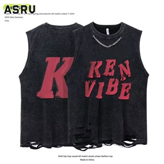 ASRV ผู้ชายเสื้อกั๊กเสื้อสวมหัวแบบหลวมอินเทรนด์ภาษาอังกฤษรอบคอเยาวชนที่นิยมหล่อใหม่เสื้อยืดแบรนด์น้ำ