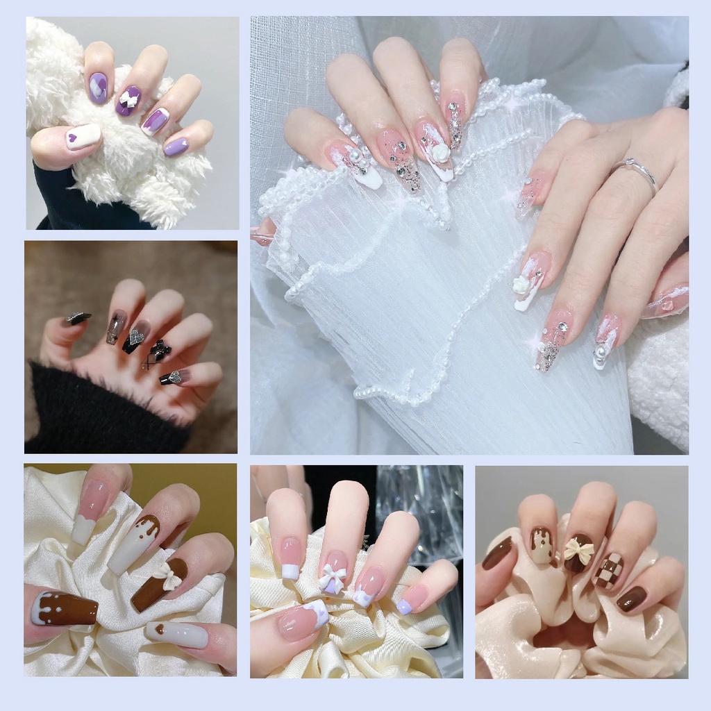 yukehui แผ่นแปะเล็บปลอมแบบยาวและสั้น24ชิ้นในกล่องฟรีกาวและตะไบ