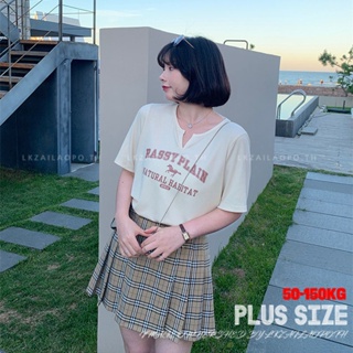 Plus size เสื้อผ้าสาวอวบ❤ เสื้อยืดสาวอวบอ้วน ไซส์ใหญ่ ผู้หญิง ทรงหลวม แขนสั้น คอวี พิมพ์ ฤดูร้อน สไตล์เกาหลีแฟชั่น