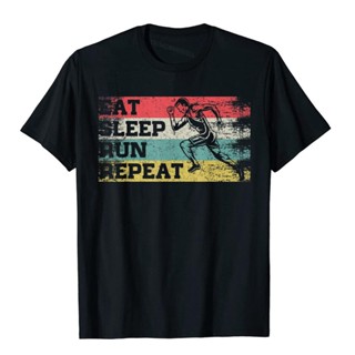 เสื้อยืดลําลอง แขนสั้น คอกลม พิมพ์ลาย Eat Sleep Run Repeat สไตล์วินเทจ ขนาดใหญ่ เหมาะกับการวิ่ง สําหรับผู้ชาย