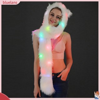 Blu หมวกฮู้ด แต่งหูสัตว์ มีไฟ LED พร้อมผ้าพันคอ สําหรับผู้หญิง เหมาะกับเทศกาล