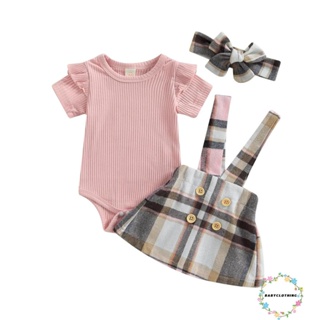 Babyclothes- ชุดรอมเปอร์ แขนสั้น และกระโปรง ลายสก๊อต และที่คาดผม แฟชั่นฤดูร้อน สําหรับเด็กผู้หญิง 3 ชิ้น