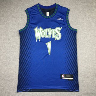 เสื้อกีฬาแขนกุด ลายทีม NBA Minnersota Timberwolves No.1 EDWARDS 75th สไตล์คลาสสิก สีฟ้า