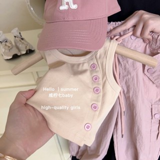 เสื้อกล้าม แต่งกระดุมแนวทแยง ออกแบบดี แฟชั่นฤดูร้อน สําหรับเด็กผู้หญิง 2023