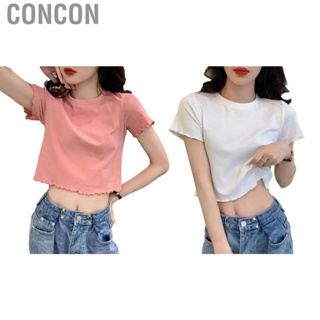 Concon Short Sleeve Blouse  Casual Cute  Fit Women Embroidery Crop Top Fashionable Solid Color for Summer