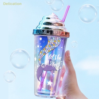 [Delication] แก้วน้ําพลาสติก มีฉนวนกันความร้อน ลายนางเงือก ไร้ BPA ขนาด 420 มล. พร้อมหลอดดูด