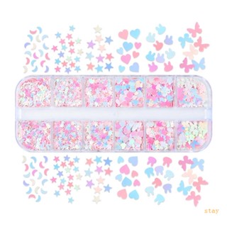 Stay อุปกรณ์ตกแต่งเล็บ กลิตเตอร์ รูปดาว กระต่าย ดวงจันทร์ 12 ช่อง สําหรับตกแต่งเล็บ 1 กล่อง