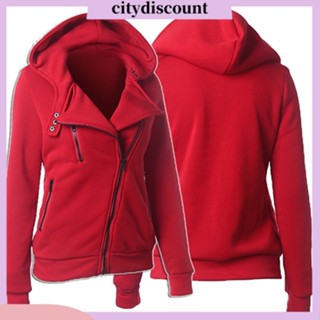 &lt;citydiscount&gt; เสื้อโค้ทแจ็กเก็ต มีฮู้ด แต่งซิปด้านหน้า ทรงไม่สมมาตร สําหรับผู้หญิง