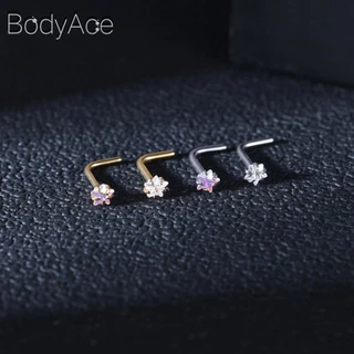 Bodyace 1 ชิ้น 0.8 / 1.0 มม. ลูกบาศก์เพทายจมูกกระดุมสแตนเลสรูปตัว L เจาะจมูกหัวใจดาวสี่เหลี่ยมเจาะรูจมูก