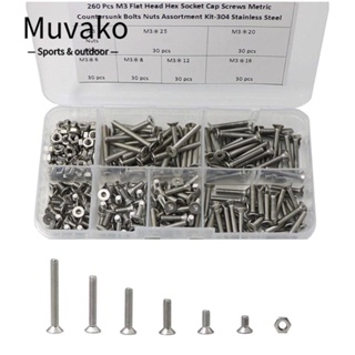 Muvako ชุดสกรู น็อต หัวแบน สเตนเลส 304 M3 พร้อมกล่องเก็บ สําหรับผู้ชาย 260 ชิ้น