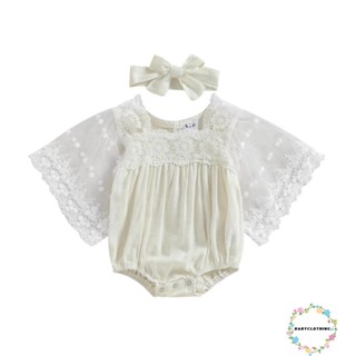 Babyclothes- ชุดรอมเปอร์ แขนพัตเตอร์ แต่งลูกไม้ สีพื้น พร้อมที่คาดผม แฟชั่นฤดูร้อน สําหรับเด็กผู้หญิง 2 ชิ้น