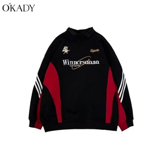 OKADY เสื้อสเวตเตอร์คอปกโปโลเย็บแบบย้อนยุคสไตล์ญี่ปุ่นแบบหลวมสบาย ๆ สำหรับผู้ชายและผู้หญิง