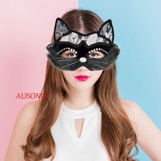 ALISOND1 หน้ากากแมว แต่งลูกไม้ สีดํา เหมาะกับปาร์ตี้ฮาโลวีน คริสต์มาส แฟชั่นสําหรับผู้หญิง