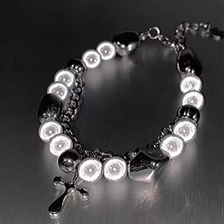 Double Layer Reflective Pearl Cross Bracelet for Girls, New Ins Internet Red Hip-hop Personality, Light Luxury, Niche Design, Men and Womens Hand Jewelry