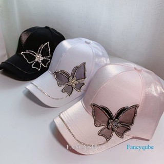 Fancysip หมวกเบสบอล ผ้าไหมซาติน ประดับพลอยเทียม ผีเสื้อ ปรับได้ แฟชั่นฤดูร้อน สําหรับผู้หญิง