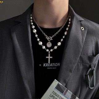 HUMBERTO Personality Korean Style Choker Hip Hop Sweater Chain Men Necklace Pearl Women Luxury Cross Cool Rhinestones Male s Jewelry Accessories