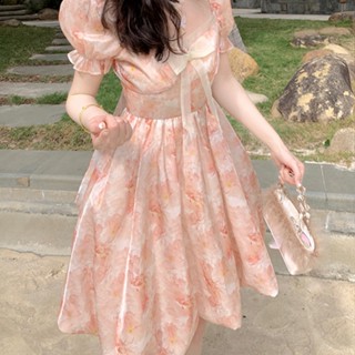 เดรส Teabreak French Style คอเหลี่ยม สไตล์ฝรั่งเศส เดรส Tea Break พิมพ์ลายนางฟ้าฤดูร้อนสวยงาม