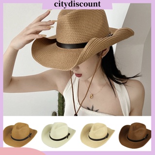 &lt;citydiscount&gt; หมวกฟางปีกกว้าง หนังเทียม สไตล์ตะวันตก คาวเกิร์ล แจ๊ส กันแดด เครื่องประดับแฟชั่น