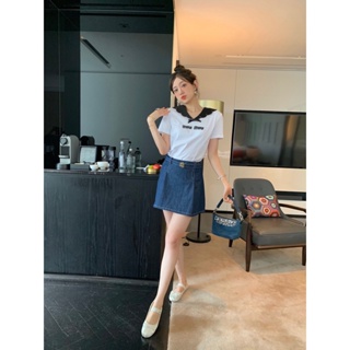 9GDN MIU MIU 23 spring and summer new navy style beaded letter decoration wavy edge shawl short sleeve aging all-match T-shirt