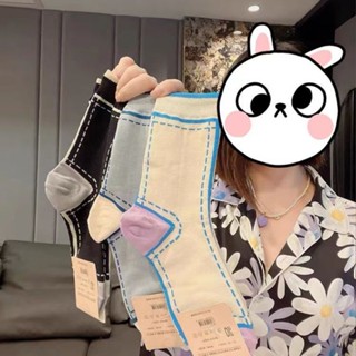 ถุงเท้าข้อยาว เปิดเส้น สีคอนทราสต์ แฟชั่นสไตล์เกาหลี สําหรับผู้หญิง
