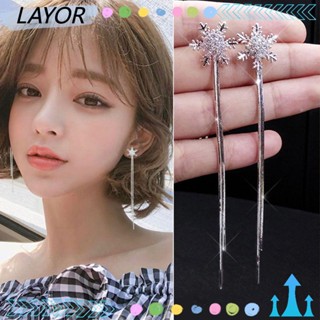 Layor ใหม่ ต่างหูสตั๊ด จี้เกล็ดหิมะ ประดับพลอยเทียม พู่ยาว สีเงิน เครื่องประดับแฟชั่น สําหรับผู้หญิง