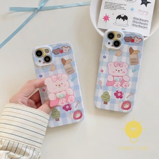 For เคสไอโฟน 14 Pro Max [Cute Bear Pop Grip Sweet Grids] เคส Phone Case For iPhone 14 Pro Max 13 12 11 X XS Max XR For เคสไอโฟน11 Ins Korean Style Retro Classic Couple Shockproof Protective TPU Cover Shell