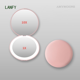 Amymoons กระจกแต่งหน้า Led ขนาดเล็ก กะทัดรัด พร้อมไฟ 10X แว่นขยาย กระเป๋าขนาดเล็ก แบบพกพา เดินทาง พับได้ เครื่องสําอาง โต๊ะเครื่องแป้ง กระจก