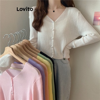 Lovito เสื้อคาร์ดิแกนลําลอง คอวี แต่งกระดุม สําหรับผู้หญิง LNE17171 (สีขาว/ม่วง)