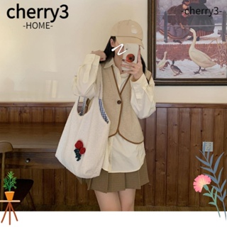 Cherry3 กระเป๋าสะพายไหล่ ผ้ากํามะหยี่ขนนิ่ม ลายเชอร์รี่น่ารัก ความจุขนาดใหญ่ แฟชั่นฤดูใบไม้ร่วง และฤดูหนาว สําหรับผู้หญิง