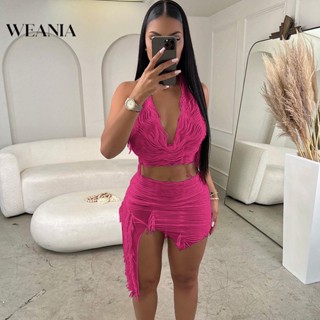 Weania ชุดเสื้อท็อป เปิดหลัง และกระโปรง รัดรูป แฟชั่นสําหรับผู้หญิง