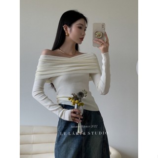 เสื้อยืดแขนยาว เปิดไหล่ ผ้าถัก สไตล์ใหม่ ฤดูใบไม้ร่วง สําหรับผู้หญิง