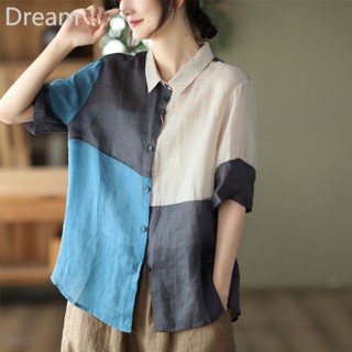 Womens cotton and linen shirt fashionable all-match color matching Western style small shirt lapel shirt thin